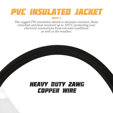 Heavy Duty 4 Awg Battery Cables With Tinned Pure Copper Core And Beefy Rock Solid 3/8 Inch Lugs Waterproof Insulated Power Wire Pair Built Tough To Keep Your Rigs Running Smooth For Rv Atv Boat Marine Car Solar Setup Measuring 24 Inches Long black PVC insulated wire showing rugged insulation structure.