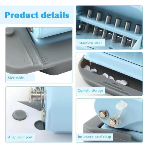 Detailed view of Six Hole Spiral Binding Punch with 8 sheet capacity, showcasing stainless steel holes, confetti storage, and insurance card clasp.