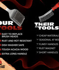 Comparison of grill brush with extended wooden handle and replaceable stainless bristle head against standard brush