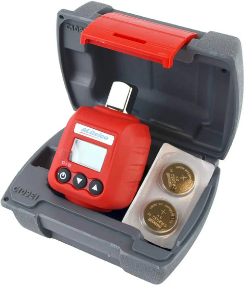 Three Eighths Inch Digital Torque Adapter with Audible Buzzer and LED Flash, 5.9 to 59 Ft-Lbs (8 to 80 Nm) Range in carrying case