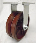 Pro Level Heavy Duty Cart Casters Featuring Genuine Kingpinless Design With Six By Two Inch V groove Ductile Steel Wheels.