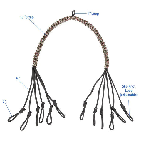 Waterfowl Game Carrier With Paracord Drop Ring System For Ducks And Geese 12 Drops Slip Knot Carry Tote with 18" strap details.