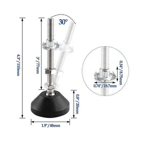 4Pcs Heavy Duty Swivel Leveling Feet M8 M10 M12 showing dimensions, nickel steel core, and rubber base for furniture stability.