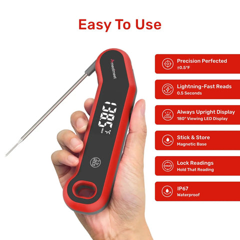 Hand holding Instant Read Digital Meat Thermometer With Lightning Fast 0.5 Second Response and large LED display