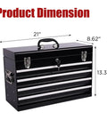 21 Inch Heavy Hitter Metal Tool Box With Four Smooth Drawers And Tight Auto Latching Steel Tool Chest Built Legit For Shop Grind And Weekend Warrior Gear Black dimensions shown on image.