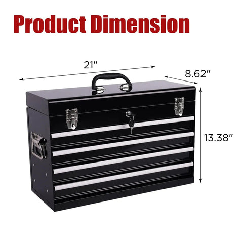 21 Inch Heavy Hitter Metal Tool Box With Four Smooth Drawers And Tight Auto Latching Steel Tool Chest Built Legit For Shop Grind And Weekend Warrior Gear Black dimensions shown on image.