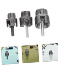 Heavy Duty 3 Pc Pipe Threader Tool Kit For Electric Drill showing steel thread cutters for 1/2, 3/4, 1 inch PVC pipes.