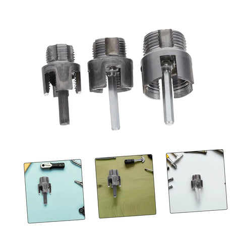 Heavy Duty 3 Pc Pipe Threader Tool Kit For Electric Drill showing steel thread cutters for 1/2, 3/4, 1 inch PVC pipes.