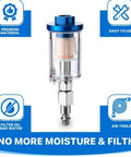 Moisture Separator Filter For Air Compressors Clear Glass With Blue Aluminum Cap One Quarter Inch NPT Connection Two Pack