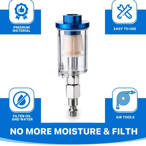 Moisture Separator Filter For Air Compressors Clear Glass With Blue Aluminum Cap One Quarter Inch NPT Connection Two Pack