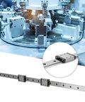 Automated machinery with LMLF18B - 500-2R Miniature Linear Guide Rail, 500mm x 18mm, and 2 sliding blocks visible in detail.