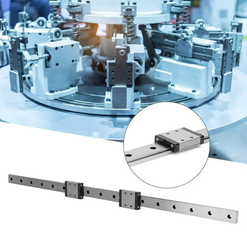 Automated machinery with LMLF18B - 500-2R Miniature Linear Guide Rail, 500mm x 18mm, and 2 sliding blocks visible in detail.