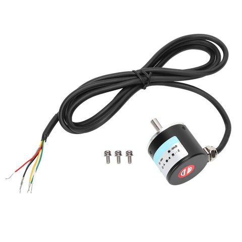 Three Phase Shaft Encoder With 30kHz Speed and 1000B/1024B Resolution, DC 5 to 24V Motion Control Sensor Built For Precise, Rugged Engineering Projects. black shaft encoder with cable, wires, and mounting screws