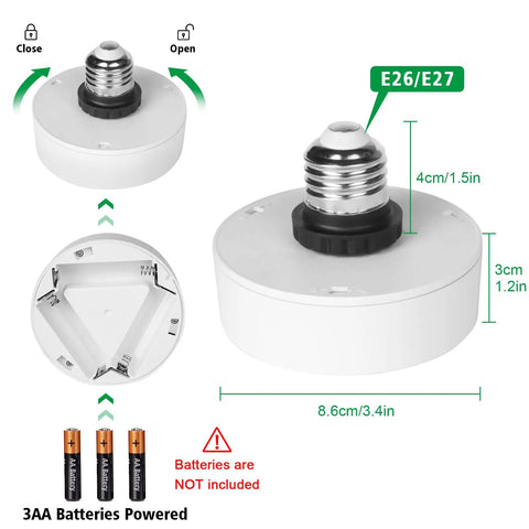 No-Hassle Remote Control Screw-In Puck Lights For E26 Bases, 2-Pack Battery Powered Puck Lights With Screw-In Base shown in dimensions and battery requirements.