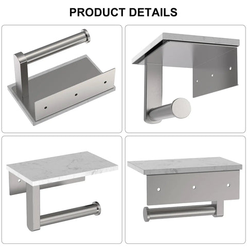 Rock Solid Brushed Nickel Toilet Paper Holder With Real Marble Shelf Wall Mount Tissue Dispenser Bathroom Upgrade Storage Rack For Phones And Essentials, close-up views of product details.