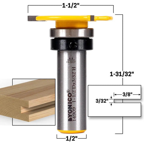 Top Bearing Slot Cutter Router Bit Three Thirty Second Width Half Shank Knockout Performance with dimensions and wood material.