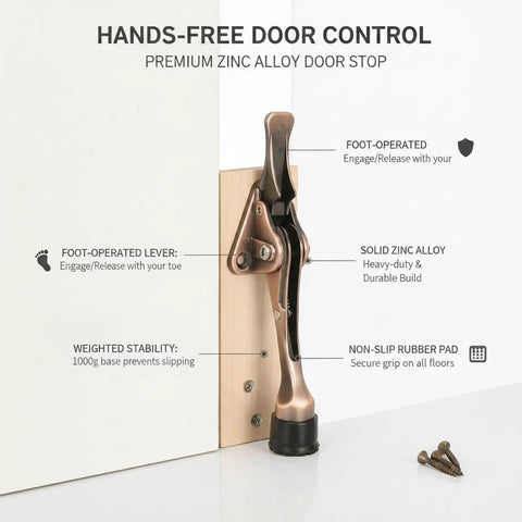 Foot Activated Door Stop With Weighted Zinc Alloy Base For Hands Free Entry Fits Standard Interior Doors Ideal For Home Office And Hotel Use Durable Floor Holder For Easy Access against wall