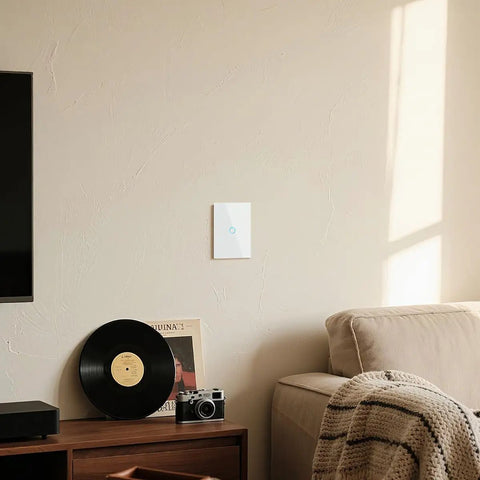 Modern Tempered Glass Wall Switch 3 Way Touch Panel With LED Indicator No Neutral Wire Required Single Live Wire Easy Install Retrofit Ready For Older Homes White 1 Gang 3 Way mounted on beige wall