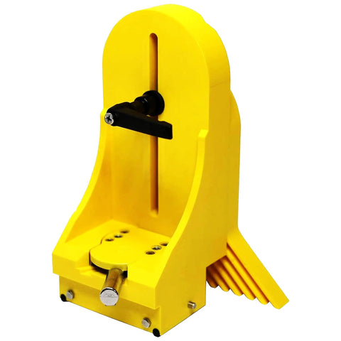Vertical Featherboard Pro Table Saw Safety Attachment For Woodworking Shops, Keeps Materials Down For Cleaner, More Accurate Cuts, Bandsaw Compatible, Heavy Duty Tool Accessory Model 81101302, yellow plastic tool with adjustable clamp viewed from front angle.