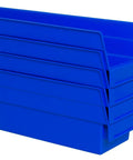 Heavy Duty Plastic Shelf Bins For Garage, Closet And Drawer Organization, 12 By 4 By 4 Inches, Blue, 24 Pack, side view