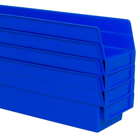 Heavy Duty Plastic Shelf Bins For Garage, Closet And Drawer Organization, 12 By 4 By 4 Inches, Blue, 24 Pack, side view