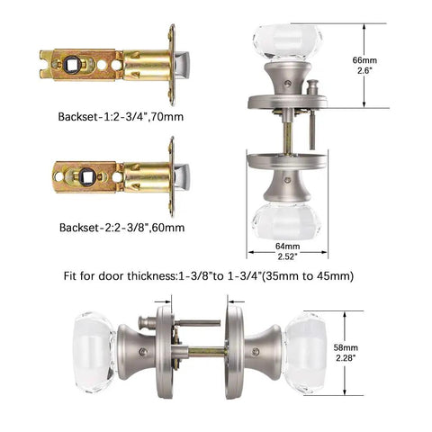 Dimensions of Crystal Glass Interior Door Knobs With Privacy Lock For Bathroom And Bedroom, Satin Nickel Finish, Easy Install.