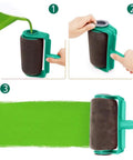 Step-by-step use of Six Piece Pour And Go Paint Roller Set Featuring Leak Proof Lid Drip Free Design for green painting.