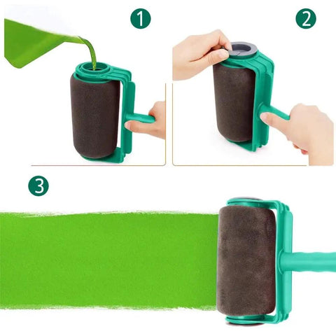 Step-by-step use of Six Piece Pour And Go Paint Roller Set Featuring Leak Proof Lid Drip Free Design for green painting.