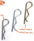 Assorted metal cotter and R-clips showing 304 stainless steel and carbon steel with white/color zinc coating, front view