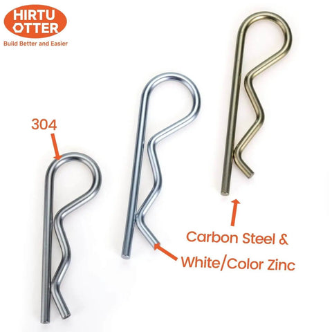 Assorted metal cotter and R-clips showing 304 stainless steel and carbon steel with white/color zinc coating, front view