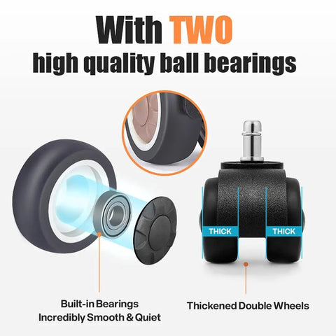 Image showing Five Pack 2 Inch Soft TPR Rubber Silent Office Chair Casters Universal Swivel replacement wheels with double ball bearings.