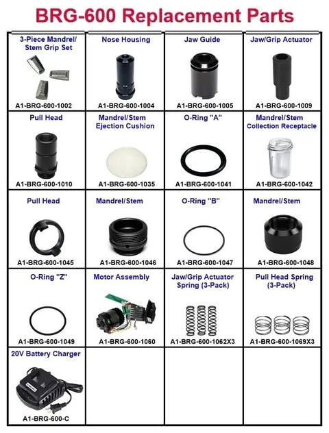 BRG 600 replacement parts including steel nozzle, jaw guides, pull heads, and springs for 20V cordless rivet gun.