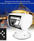 12V 100W Xenon Marine Spotlight with remote control, waterproof flood lamp for boats, shown with yacht backdrop.