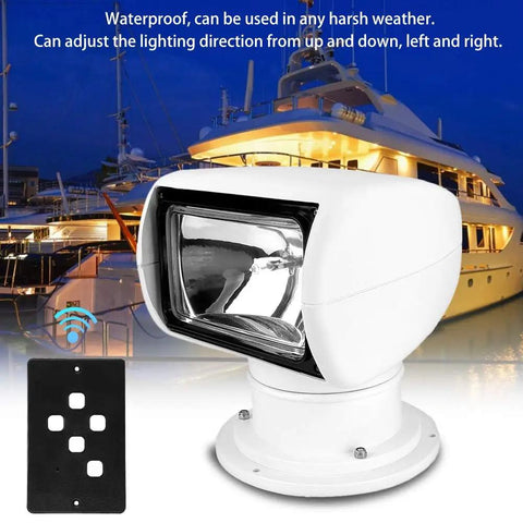 12V 100W Xenon Marine Spotlight with remote control, waterproof flood lamp for boats, shown with yacht backdrop.