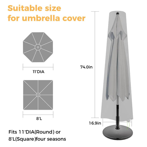 Diagram of heavy-duty waterproof patio umbrella cover with zipper fits 7ft to 11ft outdoor parasol umbrellas black, 74 inches tall