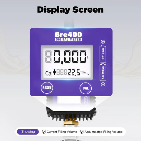 Heavy Duty Digital Oil Control Valve Meter Nozzle Pneumatic Flow Gun display screen showing filling volume.