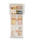 Front view of Three Tier Foldable Storage Cabinet On Wheels With Lids And Doors, Plastic Stackable Pantry Cupboard Closet Organizer with items inside.