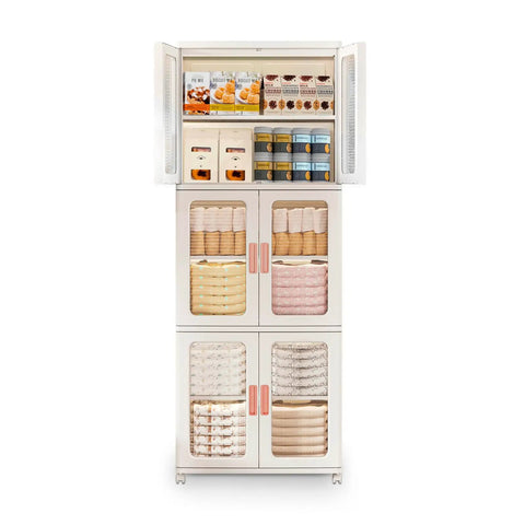 Front view of Three Tier Foldable Storage Cabinet On Wheels With Lids And Doors, Plastic Stackable Pantry Cupboard Closet Organizer with items inside.