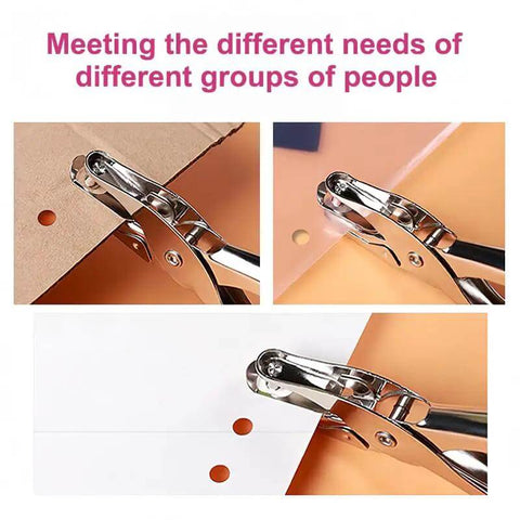 No Fuss Easy Grip One Quarter Inch Hole Punch With Scraps Tray Round Circle Punch in use on paper for crafts and binders. Pink.