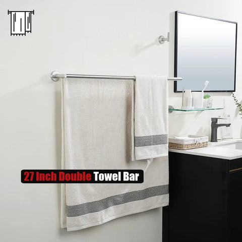 Stainless Steel Towel Bar 30 Inch With Brushed Finish Wall Mount Rack, shown mounted in modern bathroom with hanging towels