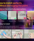 Instructions for installing 100 Ft Bluetooth RGB LED Light Strip Kit on surfaces like ceramic, avoiding frosted glass