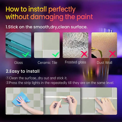 Instructions for installing 100 Ft Bluetooth RGB LED Light Strip Kit on surfaces like ceramic, avoiding frosted glass