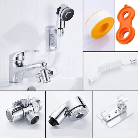 Handheld Shower Sprayer For Sink With Shampoo Attachment, Faucet Extension Tubes, Chrome Finish, Adjustable Spray Modes