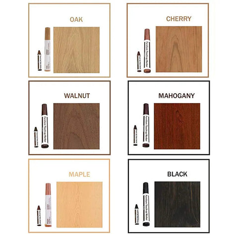 Image showing color options from the Walnut Wood Repair Marker Upgrade Kit For Fast Furniture Scratch Fix Pen With Wax Sticks And Sealant Easy DIY Restorer For Floors Cabinets Tables Beds And Cars Nicks Discoloration And Scratches Busted.