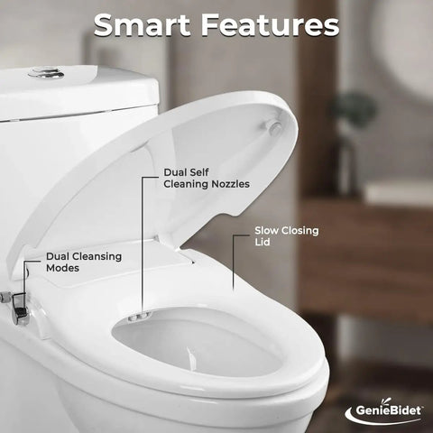 Elongated Bidet Seat With Dual Nozzles, Easy No Wiring Install, Self Cleaning showing open lid with slow closing feature