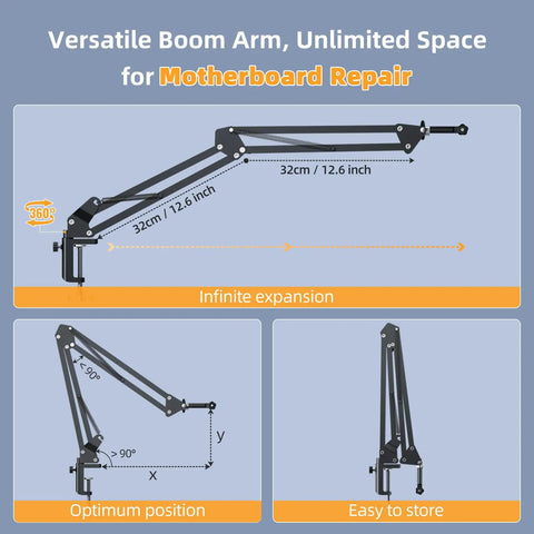 Diagram of versatile flexible boom arm for handheld digital microscope, 32cm extension, ideal for soldering and electronics repairs.