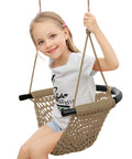Child enjoying Hand Knitted Toddler Swing Seat With Adjustable Ropes, Outdoor Indoor Swing Set For Kids, Durable Polyester Rope, Light Brown.