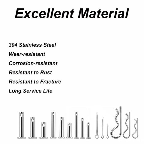 122 Piece Stainless Steel Cotter Pin And R Clip Set With 15 Cotter Pin Sizes And 9 R Clip Sizes, 304 Stainless, corrosion resistant material chart