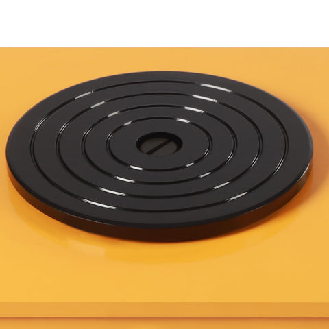 Close-up of rotating disc on Beefed Up Heavy Duty Machinery Mover Skate With 33,000 Pounds Capacity And 360 Degree Rotation Nine PU Rollers Industrial Equipment Dolly For Warehouses And Construction Yellow.