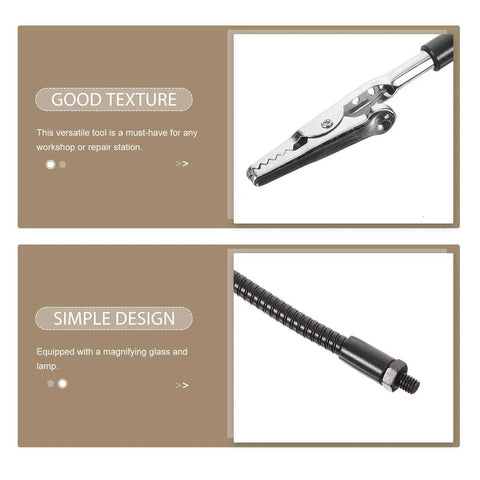 Close-up of Alligator Clamp Welding Holder With Adjustable Flexible Arm And Magnifying Lamp Clip for PCB soldering and repair